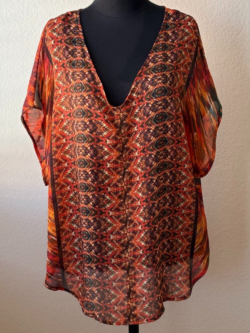 NY Collection 1X Orange Boho Geometric Chiffon Tunic Blouse Batwing